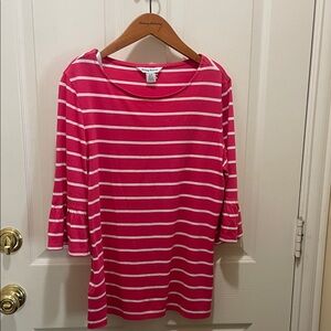 Tommy Bahama Hot Pink and White Striped  Knit Three Quarter Ruffled Sleeve